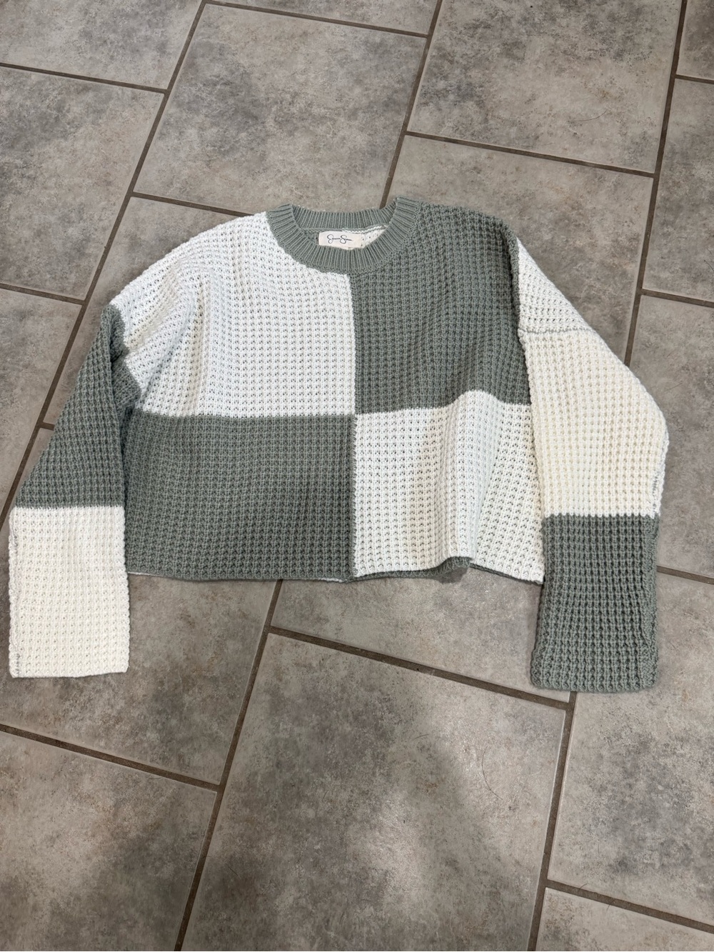 Jessica Simpson Two-Tone Green and White Waffle Knit Crewneck Sweater